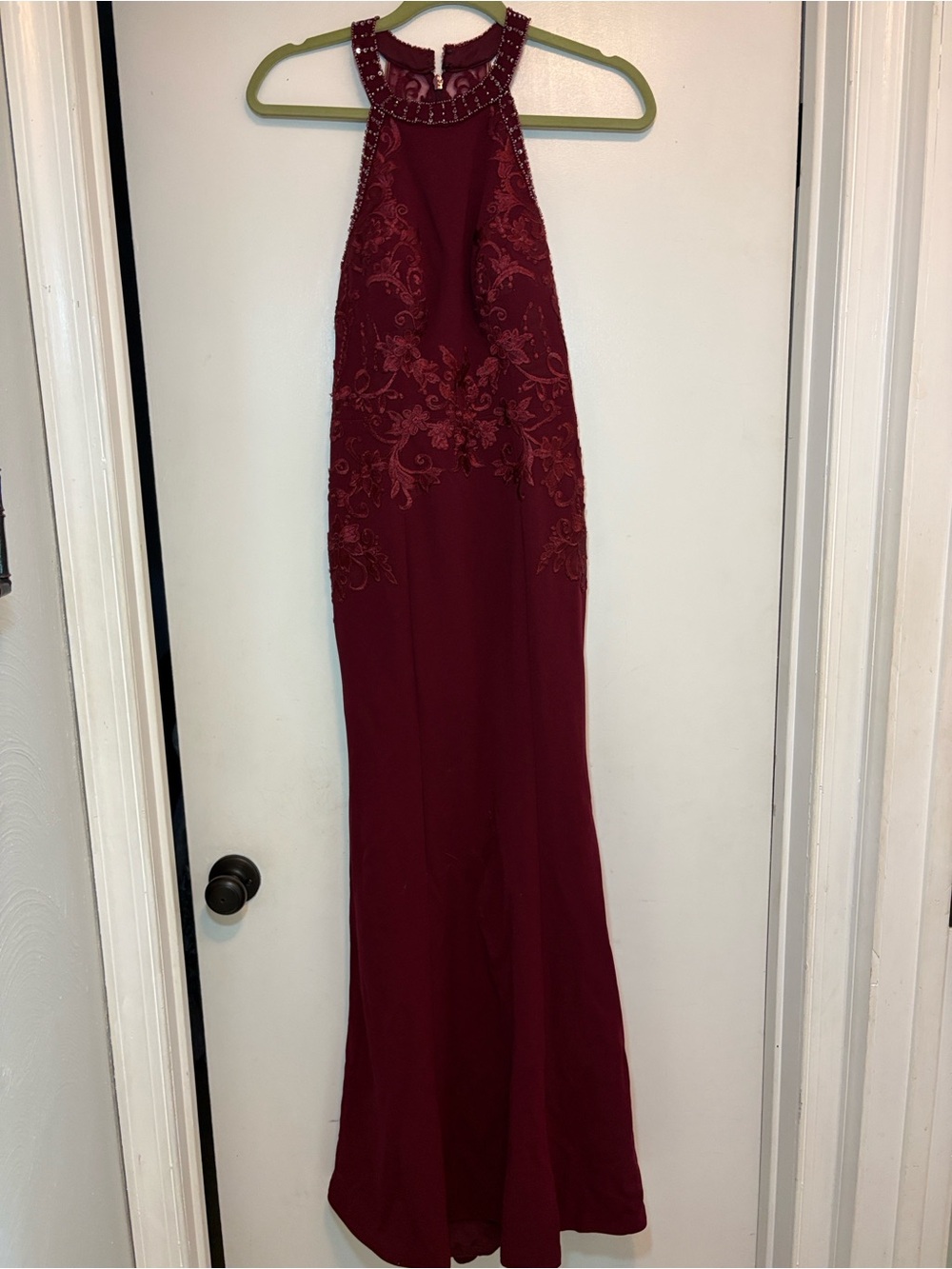 Azazie Wine Beaded Halter Evening Gown